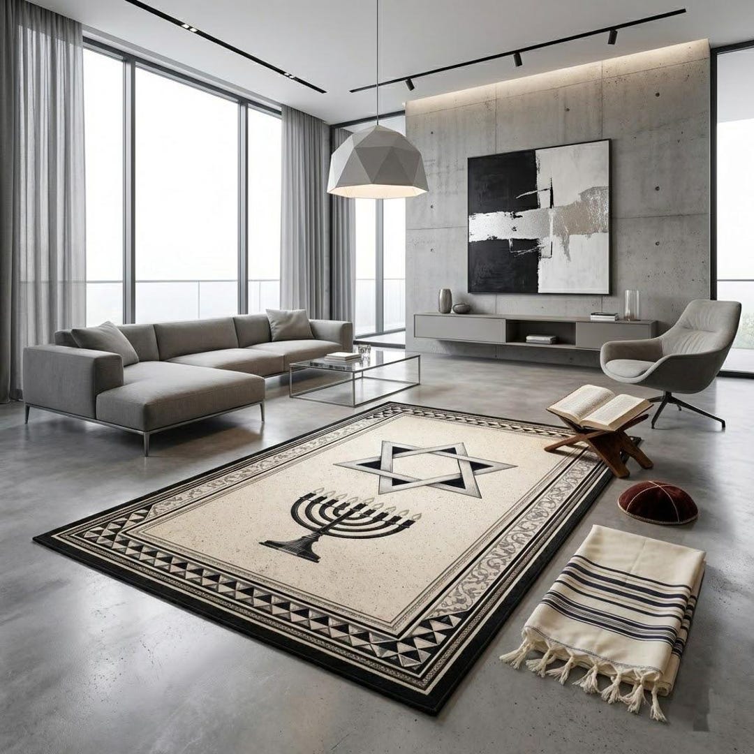 Judaica Rug Jewish Prayer Mat Star of David Rug, Modern Menorah Hanukkah Gift ...