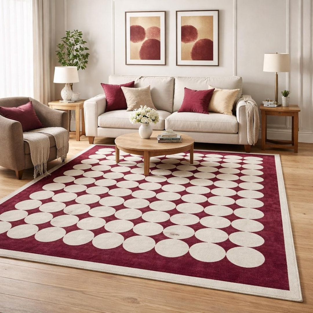 Mid Century Modern Living Room Rug, Retro Geometric Burgundy Area Rug ...