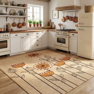 Mid Century Modern Kitchen Rug, Retro 70s Floral Runner, Washable Non Slip Floor Mat, Groovy Dandelion Area Rug, Burnt Orange Boho Home Gift