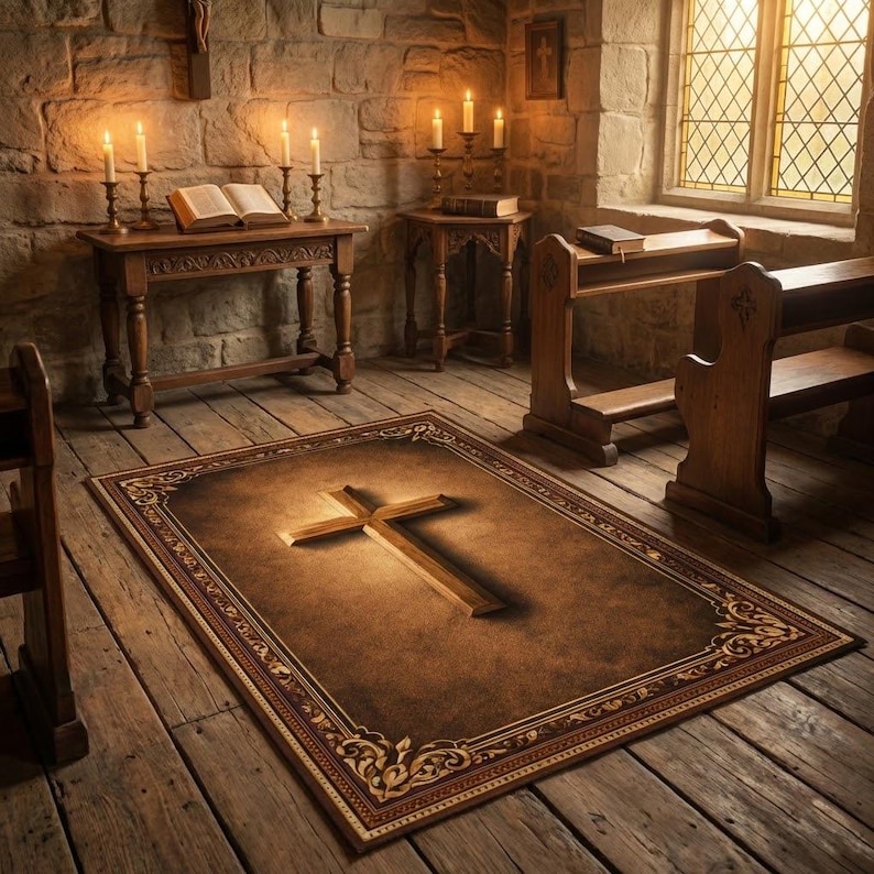 May include: A brown rectangular rug with a large wooden cross in the center. The rug has a decorative border and is placed on a wooden floor in a church setting. The room has wooden furniture, stone walls, and lit candles.