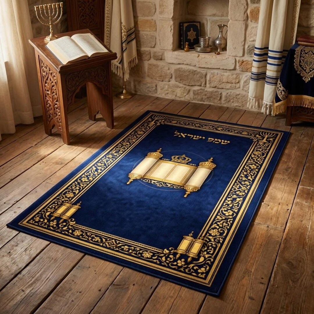 Judaica Rug Shema Yisrael, Jewish Prayer Rug, Navy Torah Tapestry, Judaica Gift for ...