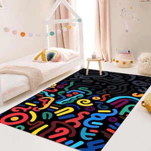 Colorful Doodle Rug, Kids Playroom Decor, Funky Graffiti Floor Rug, Rainbow Scribble Art, Black Background Nursery Rug, Washable
