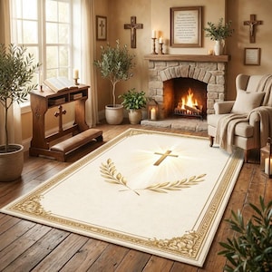 Puede incluir: Alfombra crema con un diseño de cruz dorada y detalles de ramas de olivo. La alfombra presenta un borde decorativo y está colocada en un salón con chimenea, muebles de madera y decoración religiosa.