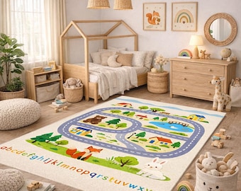 May include: A children's bedroom featuring a cream-colored rug with a road map design, complete with a bear, fox, and rabbit. The rug has a colorful alphabet border. The room includes a wooden bed frame, dresser, and decorative items.