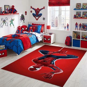 May include: A Spider-Man themed bedroom. The room includes a red and blue bedspread, a rug featuring Spider-Man, and various Spider-Man decorations such as wall decals and figurines. The room is designed for a child.