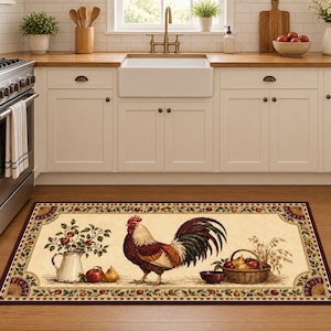 May include: A rectangular kitchen rug featuring a central illustration of a rooster standing between a white pitcher filled with apples and a woven basket of fruit. The border displays a repeating pattern of small apples and pears on a cream background.