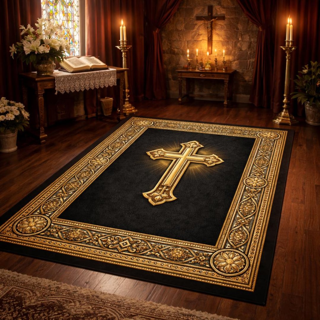 Orthodox Rug Gold Cross Christian Prayer Rug - Ornate Religious Altar Mat for Prayer ...