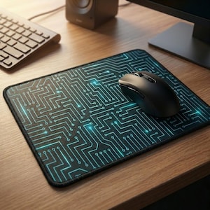 May include: A rectangular mousepad with a black border and a circuit board design in shades of teal and black. A black wireless mouse rests on the pad. The mousepad is on a wooden desk, with a keyboard and speaker visible in the background.