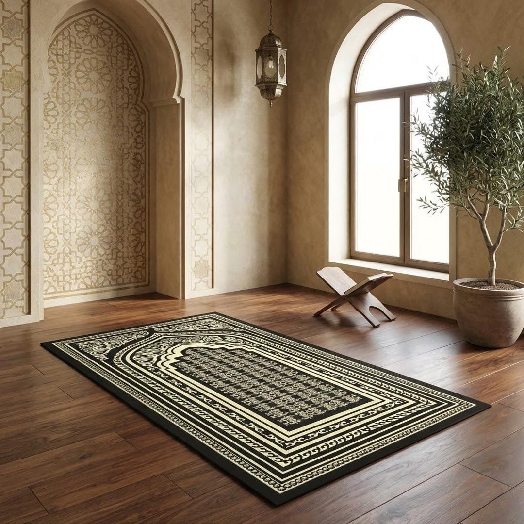 Islamic Rug Wall Black Gold Prayer Rug, Islamic Gift, Janamaz, Muslim Prayer Mat, Arch ...