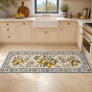 Washable Lemon Kitchen Runner Rug, Non Slip Mediterranean Amalfi Floor Mat, Majolica Blue Tile Botanical Citrus Hallway Laundry Carpet