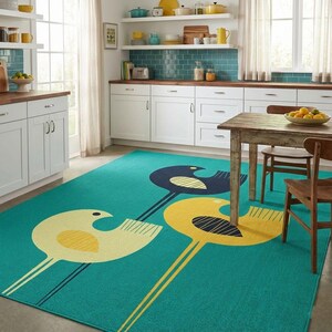 Mid Century Modern Kitchen Rug, Washable Non Slip Retro Bird Area Rug, Teal and Yellow MCM Kitchen Decor, Scandinavian Art Kitchen Floor Mat