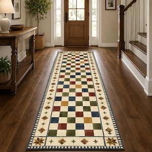 Rustic Farmhouse Checkerboard Runner Rug, Primitive Quilt Pattern Kitchen Mat, Americana Star Hallway Carpet, Non Slip Vintage Floor Decor