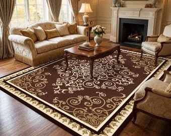 Traditioneller Brauner Medaillon-Teppich für Wohnzimmer, Großer Teppich im Vintage-Persischen Stil, Rustikaler Erdfarbener Verzierter Teppich, Klassischer Blumenteppich
