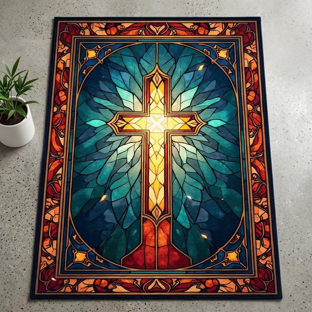 Church Rug Christian Prayer Rug Stained Glass Cross, Kneeling Mat for Altar ...