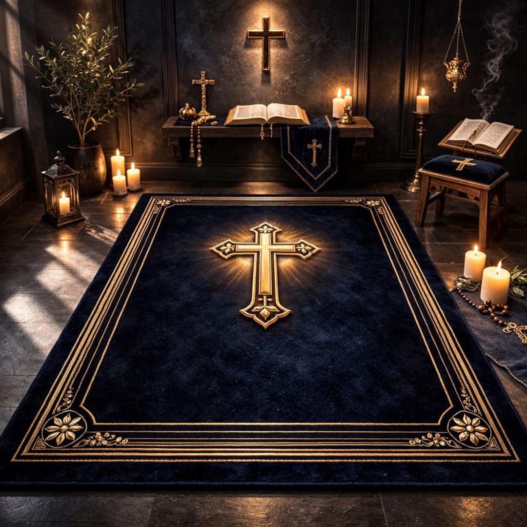 Christian Prayer Rug Gold Cross Navy Blue Religious Mat Home Altar ...