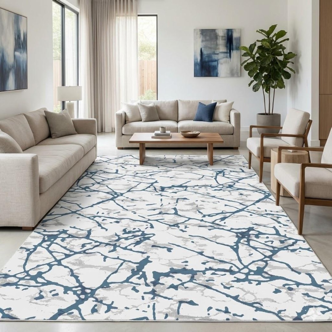 Modern Navy Rug Navy Blue Marble Area Rug, Modern Abstract Living Room Carpet, Coastal ...