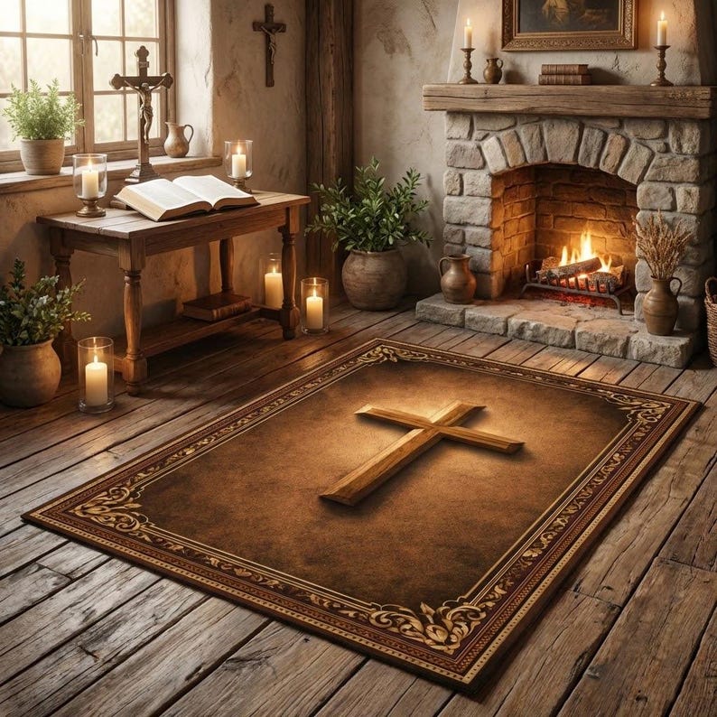 May include: A brown rectangular rug with a large wooden cross in the center. The rug has a decorative border and is placed on a wooden floor. The room has a fireplace, candles, and a small table with a book.