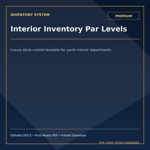 Könnte beinhalten: Eine marineblaue Grafik mit goldenem Rand und Text. Der Text lautet "INVENTORY SYSTEM" und "Interior Inventory Par Levels". Darunter steht der Text "Luxury stock control template for yacht interior departments". Das Wort "PREMIUM" steht in einem goldenen Feld.
