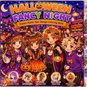 以下が含まれることがあります： ハロウィン・ファンシー・ナイト・カワイイ・アニメ・ヘア・デザインの塗り絵。コスチュームを着た4人のキャラクターが描かれています。表紙にはタイトル、カボチャ、コウモリ、ヘアスタイル、アクセサリー、三つ編み、カラー練習用のアイコンが28ページ分掲載されています。