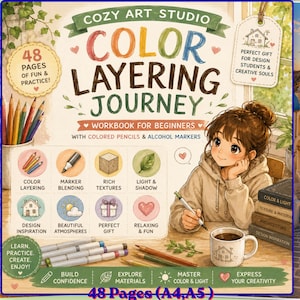 Może przedstawiać: Ćwiczeniówka zatytułowana Color Layering Journey z 48 stronami zabawy i ćwiczeń. Okładka zawiera ilustrację rysującej osoby, filiżankę kawy, kredki i markery. Zawiera sekcje dotyczące nakładania warstw kolorów, blendowania markerami, tekstur oraz światła i cienia, z tekstem wskazującym, że jest przeznaczona dla początkujących.