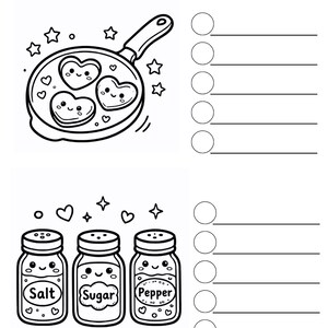 May include: Black and white line art illustration with the text "COLOR SWATCH WITH BLACK LINE TEST". The image includes a frying pan with heart-shaped eggs, salt, sugar, and pepper shakers, and decorative elements.