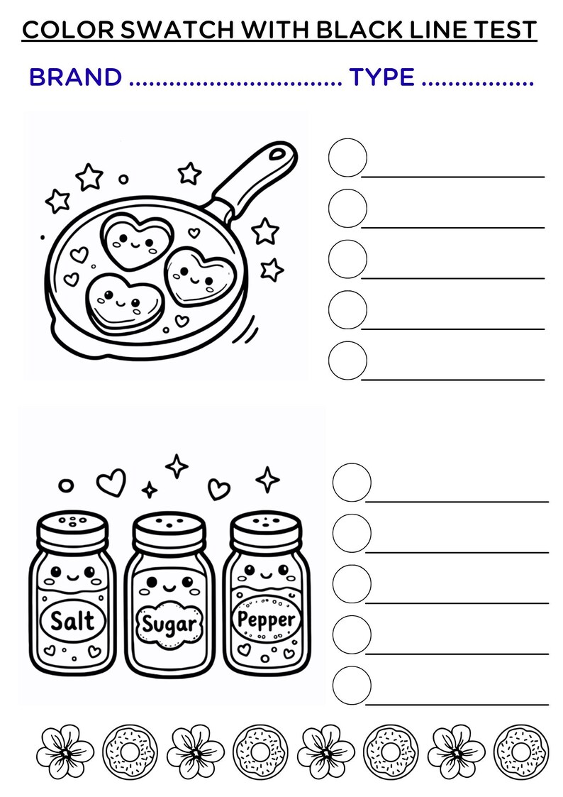 May include: Black and white line art illustration with the text "COLOR SWATCH WITH BLACK LINE TEST". The image includes a frying pan with heart-shaped eggs, salt, sugar, and pepper shakers, and decorative elements.
