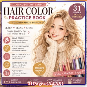 May include: A digital hair color practice book featuring 31 printable pages in A4 and A5 sizes. The cover displays a blonde person, colored pencils, and text detailing step-by-step guides for layering, blending, and hair texture practice.
