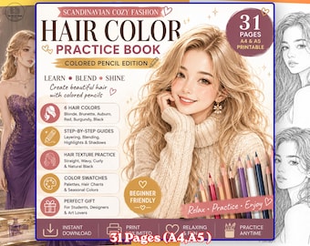 May include: A digital hair color practice book featuring 31 printable pages in A4 and A5 sizes. The cover displays a blonde person, colored pencils, and text detailing step-by-step guides for layering, blending, and hair texture practice.
