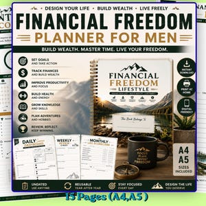 May include: A Financial Freedom Planner for Men with a spiral binding, featuring a mountain lake cover design. The planner includes sections for goal setting, finance tracking, and productivity. It comes with A4 and A5 size options and 15 pages.