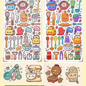 May include: A colorful illustration featuring kawaii kitchen utensils. The image includes various cooking tools like pots, pans, whisks, and measuring spoons. Text at the top reads "COLOR SWATCH TEMPLATE" and "KAWAII KITCHEN UTENSILS CLIP ART COLLECTION". The bottom has a space for writing.