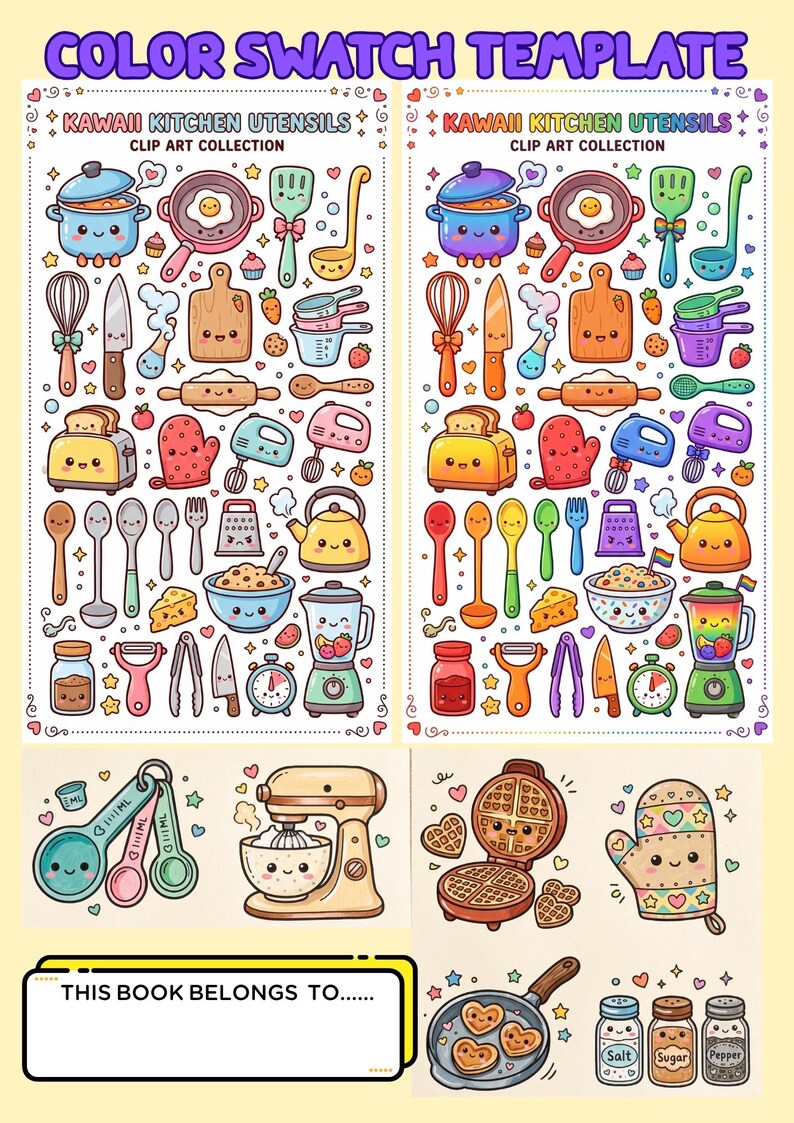 May include: A colorful illustration featuring kawaii kitchen utensils. The image includes various cooking tools like pots, pans, whisks, and measuring spoons. Text at the top reads "COLOR SWATCH TEMPLATE" and "KAWAII KITCHEN UTENSILS CLIP ART COLLECTION". The bottom has a space for writing.