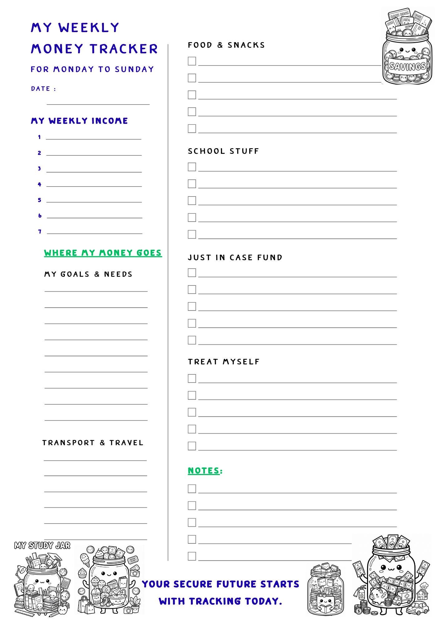 Weekly Money Tracker Printable, Financial Goal Worksheet (PDF File A4 ...