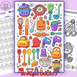 May include: A colorful sticker sheet featuring various kitchen-themed illustrations, including a pot, pan, toaster, and measuring spoons. The sheet includes the text "The Vibrant Sheet" and "10 Pages (A4, A5)". The illustrations are in a cute, cartoon style.