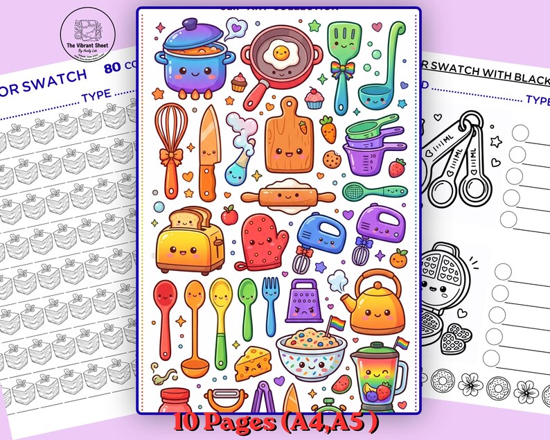 May include: A colorful sticker sheet featuring various kitchen-themed illustrations, including a pot, pan, toaster, and measuring spoons. The sheet includes the text "The Vibrant Sheet" and "10 Pages (A4, A5)". The illustrations are in a cute, cartoon style.