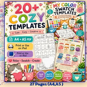 Pode incluir: Um download digital com mais de 20 modelos de colorir aconchegantes. O design inclui um gato segurando um coração, uma paleta de cores e o texto "My Color Swatch Templates". Os modelos estão disponíveis em formatos PDF A4 e A5.
