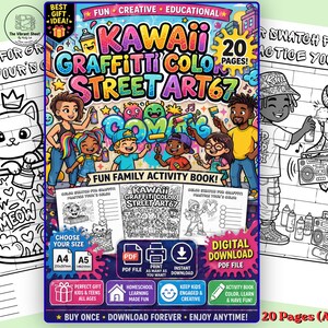 Può includere: Un colorato libro di attività Kawaii Graffiti Color Street Art 67 con 20 pagine. La copertina presenta personaggi dei cartoni animati e la scritta "Fun Family Activity Book!". Disponibile nei formati A4 e A5 come download digitale PDF.