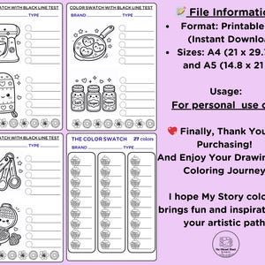 May include: Black and white printable PDF with kitchen-themed illustrations for color swatches. Includes a mixer, frying pan, oven mitt, salt and pepper shakers, measuring spoons, waffle maker, and cupcakes. Text includes "File Information" and "For personal use only."
