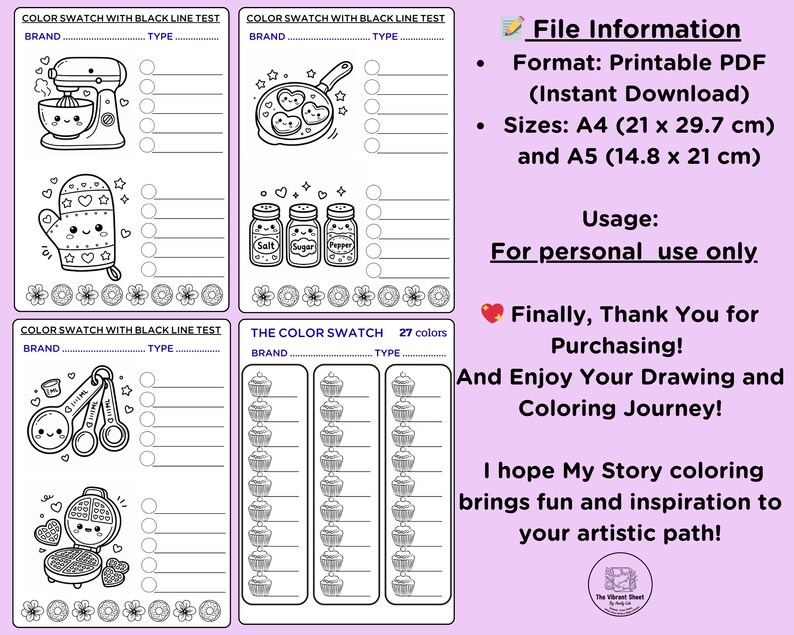 May include: Black and white printable PDF with kitchen-themed illustrations for color swatches. Includes a mixer, frying pan, oven mitt, salt and pepper shakers, measuring spoons, waffle maker, and cupcakes. Text includes "File Information" and "For personal use only."