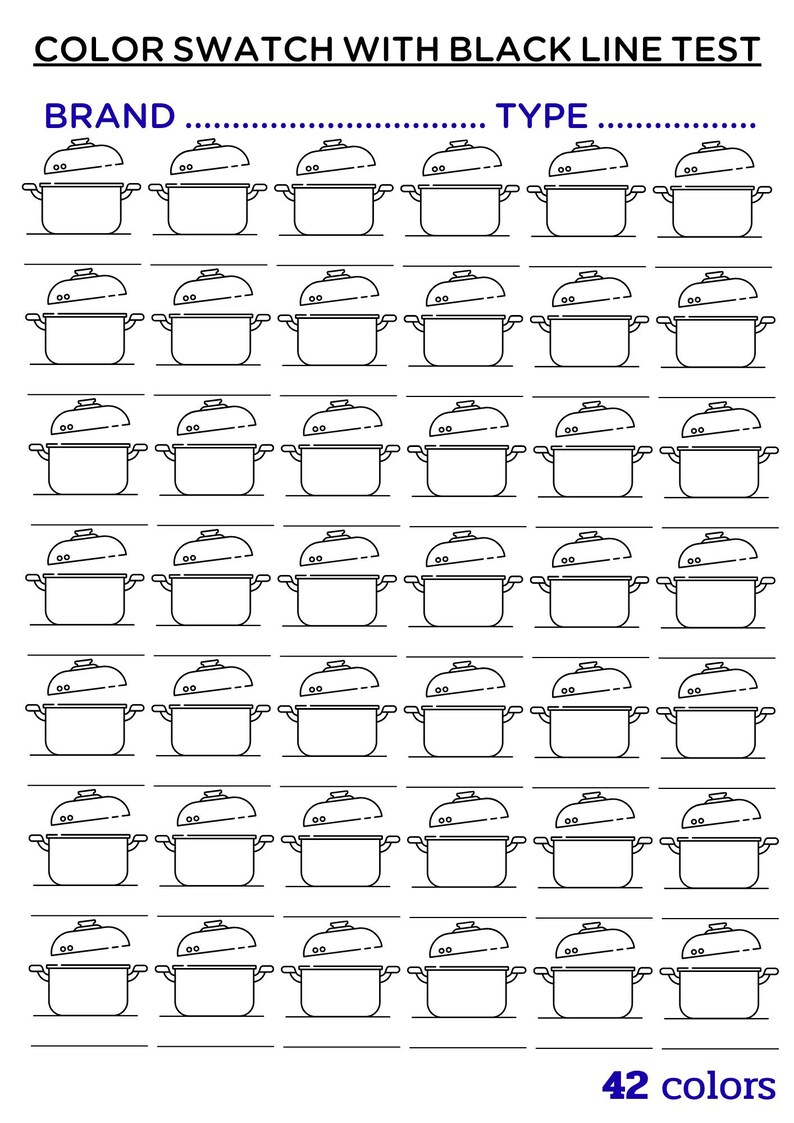 May include: A black and white line drawing of a color swatch test. The image features rows of pots with lids, labeled "BRAND" and "TYPE". The text "42 colors" is at the bottom.