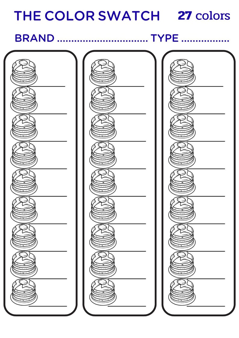 May include: A black and white color swatch chart with the text "THE COLOR SWATCH 27 colors". The chart has three columns of bottle cap illustrations with lines for writing "BRAND" and "TYPE".