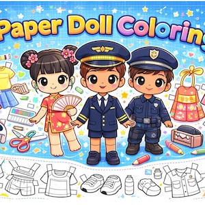 May include: A colorful illustration of a paper doll coloring set. The image features three cartoon characters dressed as a pilot, police officer, and in traditional Chinese attire. The set includes various outfits and accessories for the paper dolls, with the text "Paper Doll Coloring" at the top.