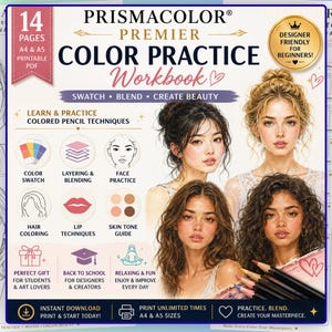 Op de afbeelding: Een Prismacolor Premier kleuroefenwerkboek met 14 pagina's als printbare PDF in A4 en A5-formaat. De omslag toont illustraties van vier diverse gezichten, iconen voor kleurpotloodtechnieken en de tekst Color Practice Workbook.