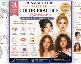 May include: A Prismacolor Premier color practice workbook featuring 14 pages of printable PDF content in A4 and A5 sizes. The cover displays illustrations of four diverse faces, colored pencil technique icons, and text including Color Practice Workbook.