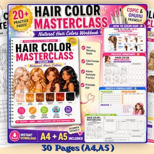 Pode incluir: Um caderno de exercícios encadernado em espiral intitulado Hair Color Masterclass Natural Hair Colors Volume 1, apresentando ilustrações de quatro personagens com diferentes cores de cabelo, amostras de cores, folhas de prática e guias de mistura.