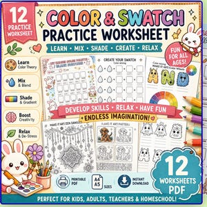 May include: A colorful digital download featuring 12 color and swatch practice worksheets. The cover displays the text "COLOR & SWATCH PRACTICE WORKSHEET" with illustrations of bunnies, pencils, and color palettes. Includes printable PDF files for kids, adults, teachers, and homeschool.