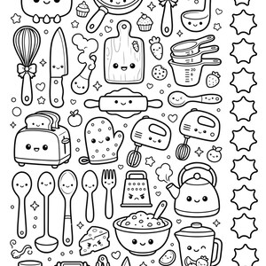 May include: Black and white line art illustration of various kitchen tools and appliances with cute, smiling faces. Includes a pot, pan, whisk, knife, cutting board, rolling pin, toaster, mixer, spoons, fork, grater, bowl, blender, and more.