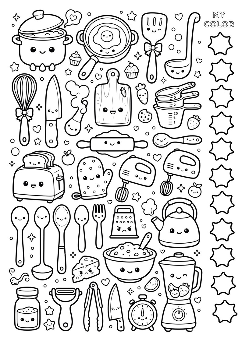 May include: Black and white line art illustration of various kitchen tools and appliances with cute, smiling faces. Includes a pot, pan, whisk, knife, cutting board, rolling pin, toaster, mixer, spoons, fork, grater, bowl, blender, and more.