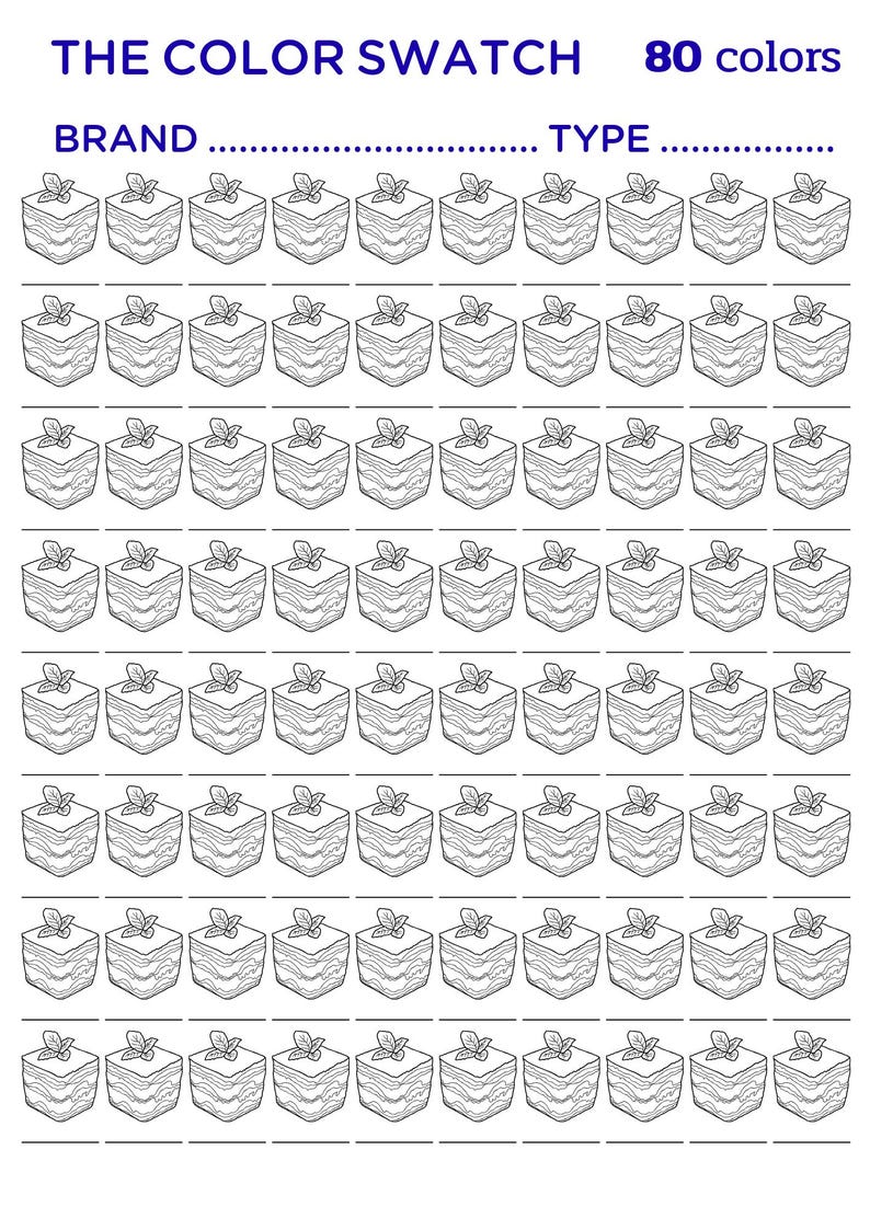 May include: Black and white line drawing of a color swatch with 80 color options. The image features rows of small, square illustrations of a layered dessert, each topped with a leaf. The text "THE COLOR SWATCH" and "80 colors" are at the top.