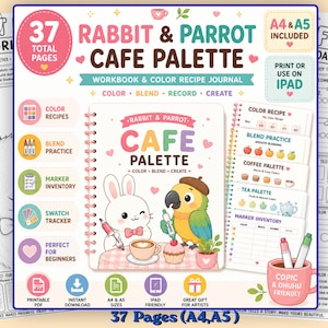 May include: A digital workbook and color recipe journal titled Rabbit & Parrot Cafe Palette, featuring 37 total pages in A4 and A5 sizes. The cover displays a cartoon rabbit and parrot with a coffee cup and cupcake, alongside interior page previews.