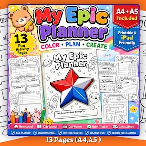 May include: A colorful "My Epic Planner" activity book with a star design and the text "Color, Plan, Create." Includes 13 fun activity pages, printable, and iPad friendly. Features a bear with a pencil and a bunny.